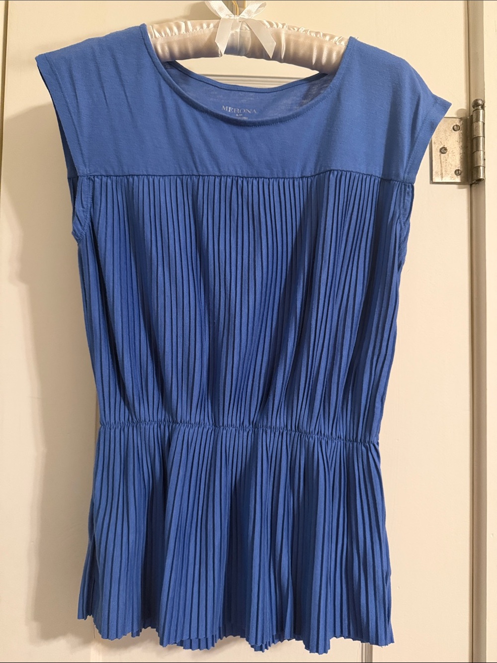 Merona Cap Sleeve Top, Popover, Pleated Soft Knit, Cinched Elastic at Waist, EUC